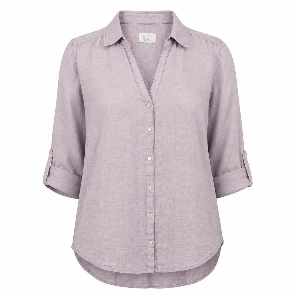 Sigrid Olsen Top Womens 2X Purple Linen Button Front Roll Tab Sleeve Shirt READ